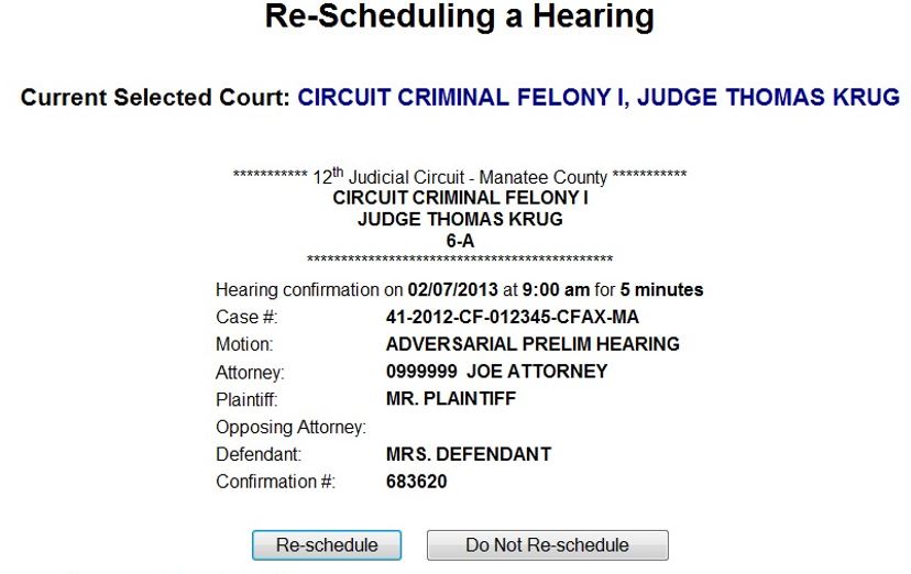 Reschedule Hearing Selected Court Reschedule Hearing Selected Court
