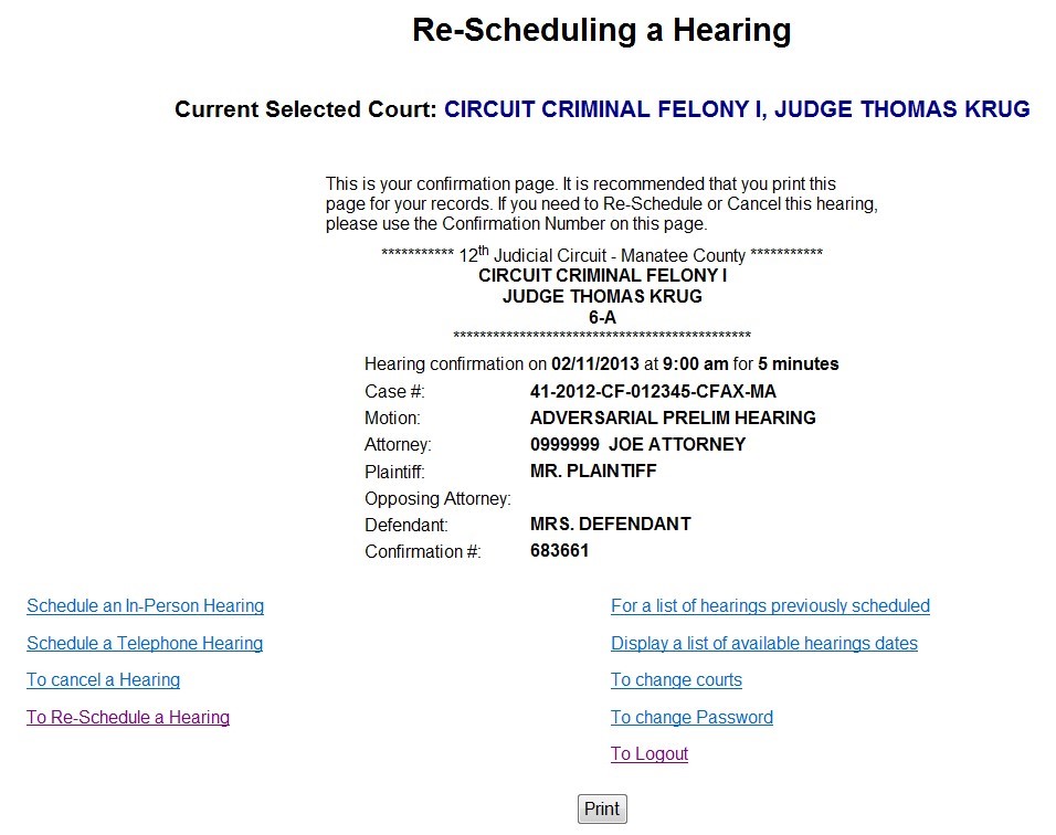 Reschedule current selected court