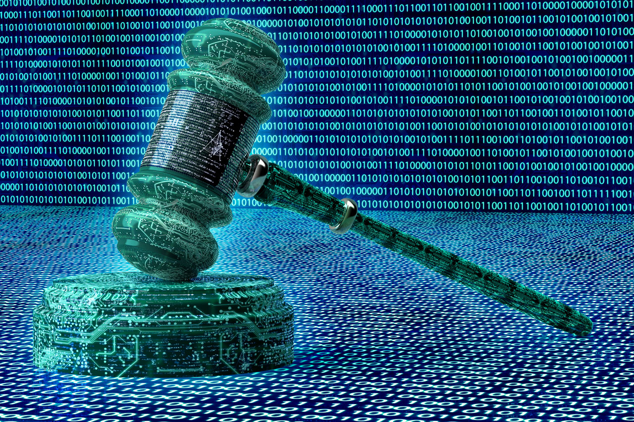 Illustration of judge's gavel and a series of 0's and 1's representing digital bytes of information.