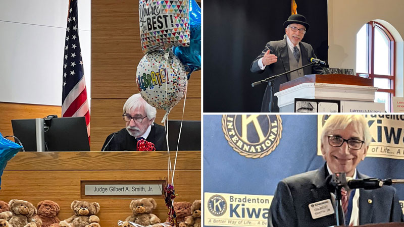 Three images. Image 1: A man with white hair is dressed in the black robe of a judge and sits at a desk with two monitors. The desk is decorated with balloons and teddy bears. Behind the man is an American flag on a pole. Image 2: A man wearing a hat, suit, vest and tie gestures as he talks into a microphone. The man is standing at a lectern. Behind him is a plain backdrop and an American flag. Image 3: A man with white hair and glasses smiles he talks into a microphone. He is wearing a suit, vest and tie. Behind him is a backdrop with Bradenton Kiwanis logos.
