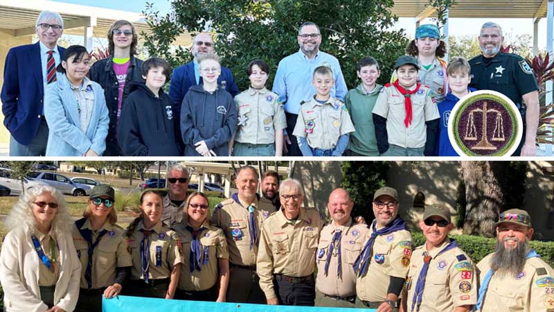 This is a composite image of two separate images. Both images contain adults and boy scouts dressed in uniform.